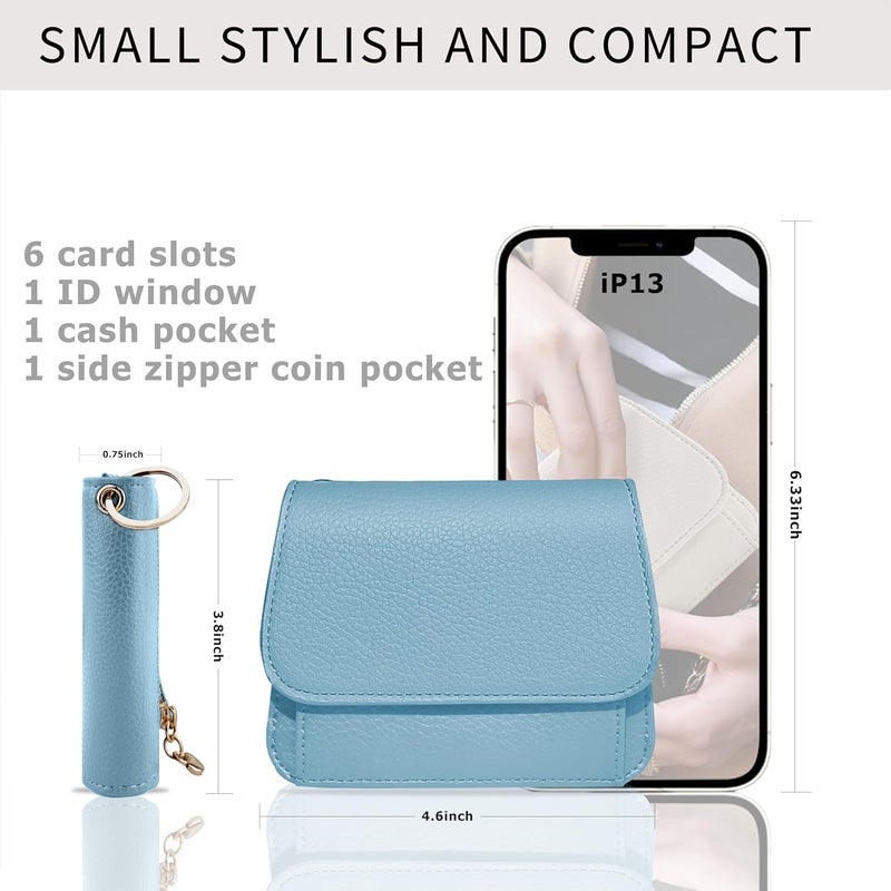 Sunpour Women Small Wallet RFID Blocking Slim Wallet with Coin Pocket Tri-Fold Credit Card Holder with ID Window and Keychain (Blue) - Image 2